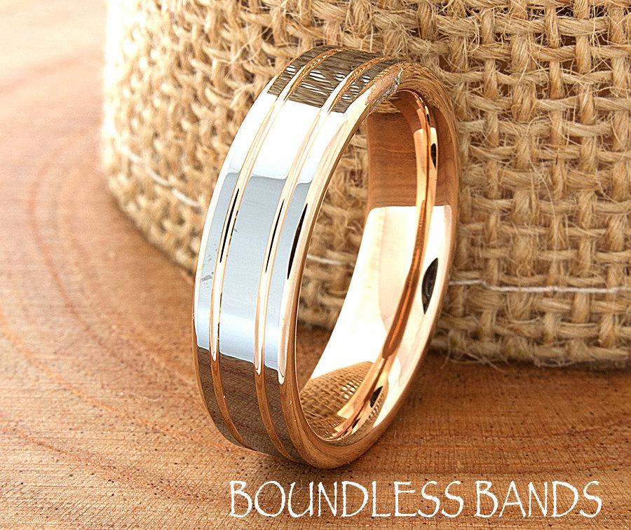Wedding - Rose Gold Wedding Band Ring 6mm 18K Two Tone Man Wedding Band Male Women Custom Laser Engraving Anniversary Handmade Double Grooved New Mens
