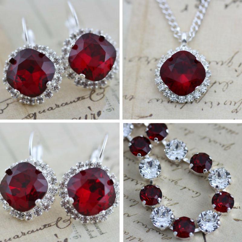 زفاف - Red Jewelry Set Crystal Bracelet Necklace Earring Set Swarovski Crystal Mother of Bride Gift Maid Of Honor Also Avail As Clip On Earrings