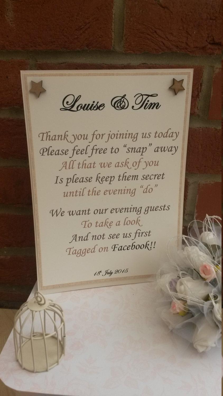 Hochzeit - A4 Personalised Photograph Not on Facebook  Wedding Vintage style sign - ANY colour butterflies or embellishment