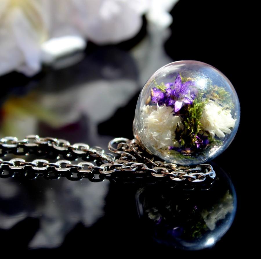 Wedding - Real bouquet in a glass bead, Moss Terrarium Necklace, Dried Flowers Pendant, Valentine's day, purple white green, Christmas jewelry gift