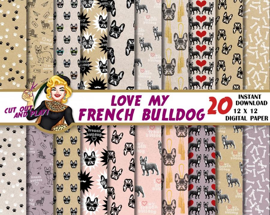 Свадьба - French Bulldog digital paper, dog lovers, dog paw, card, decoration, animals paper, kraft, pink, Scrapbooking Paper, patterns, backgrounds