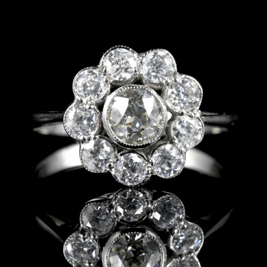 Hochzeit - Antique Diamond Cluster Daisy Ring 1.50ct Old Cut Diamond 18ct Gold
