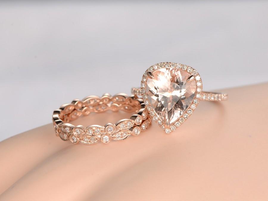 Mariage - 3pcs Pear 12x10mm Morganite bridal ring set,diamond engagement ring,14k Rose gold FULL eternity wedding band,Big Pink stone,bridal ring set