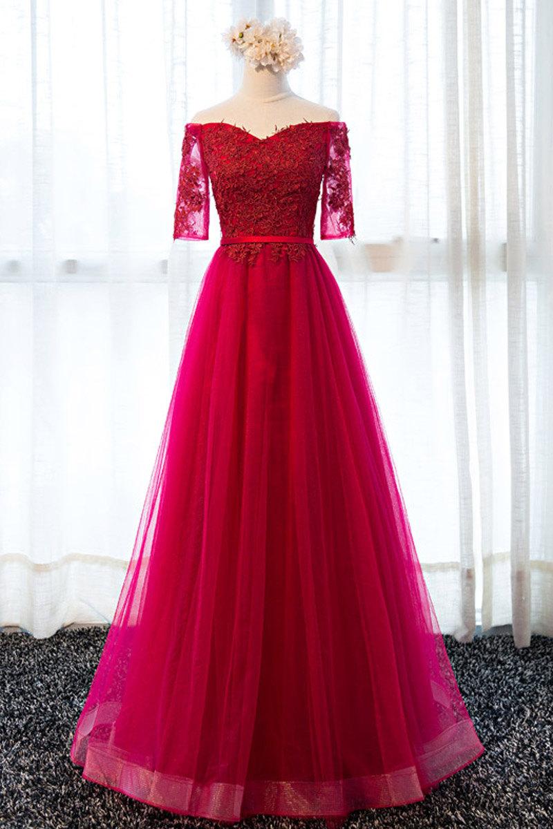 Mariage - 2017 Custom-Made Sheer Lace Wine Red Tulle Prom Dress A-Line Sweetheart Off Shoulder Half Sleeve Elegant Flower(s) Party Dress Lace Up Back