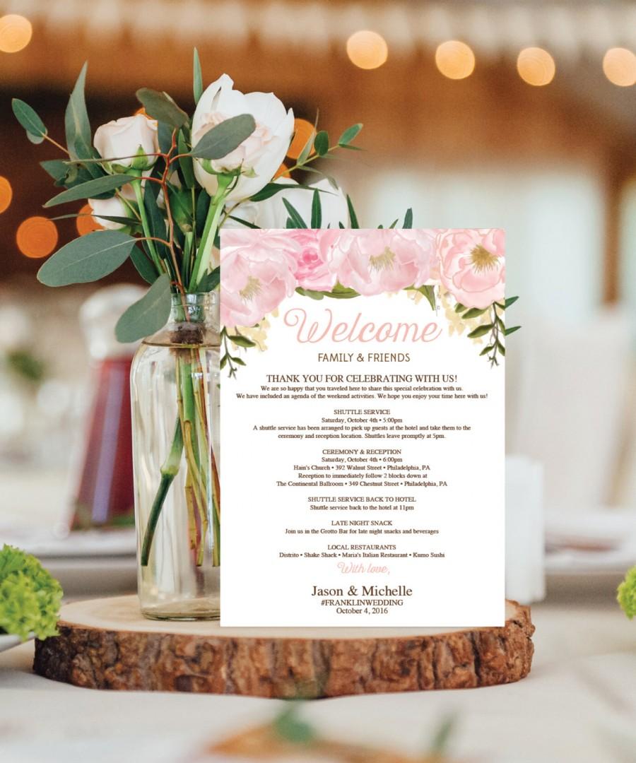 Mariage - Wedding Itinerary Template - Wedding Welcome Bag Printable Itinerary - Editable Welcome Letter - 5x7 Wedding Agenda - DIY - Pink Floral