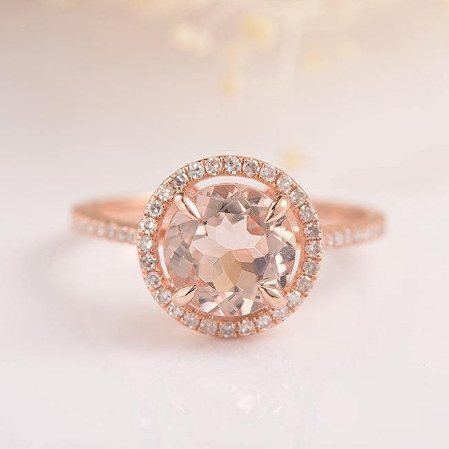 زفاف - Morganite Ring Morganite Engagement Ring Rose Gold Halo Engagement Ring Eternity Diamond Anniversary Promise Wedding Bridal Ring Minimalist