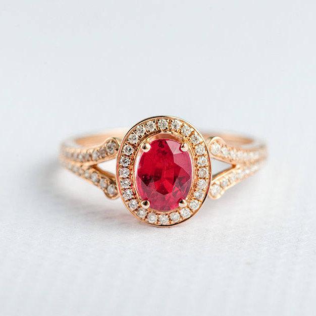 Свадьба - Rose Gold Engagement Ring Oval Cut Ruby Ring Diamond Split Shank Birthstone Ring Halo Ring Anniversary Promise Wedding Ring Bridal Ring