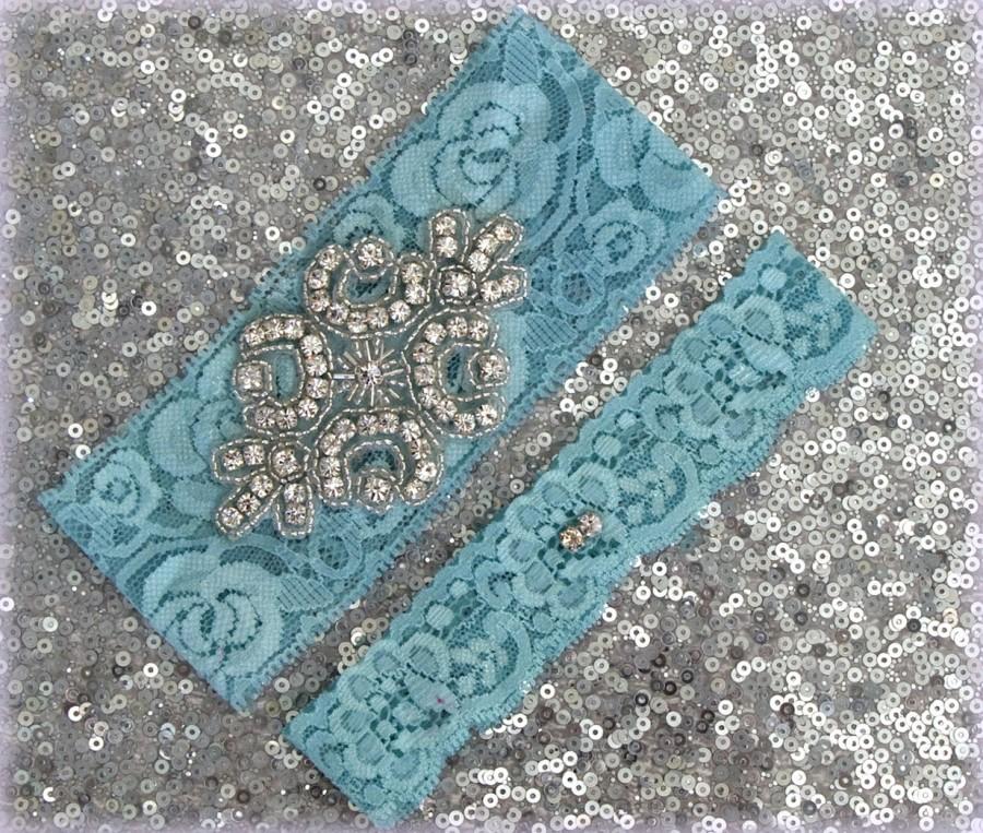Свадьба - Wedding Garter Set - TURQUOISE Lace SILVER Rhinestone Crest Show & Dual Stud Toss - other colors available