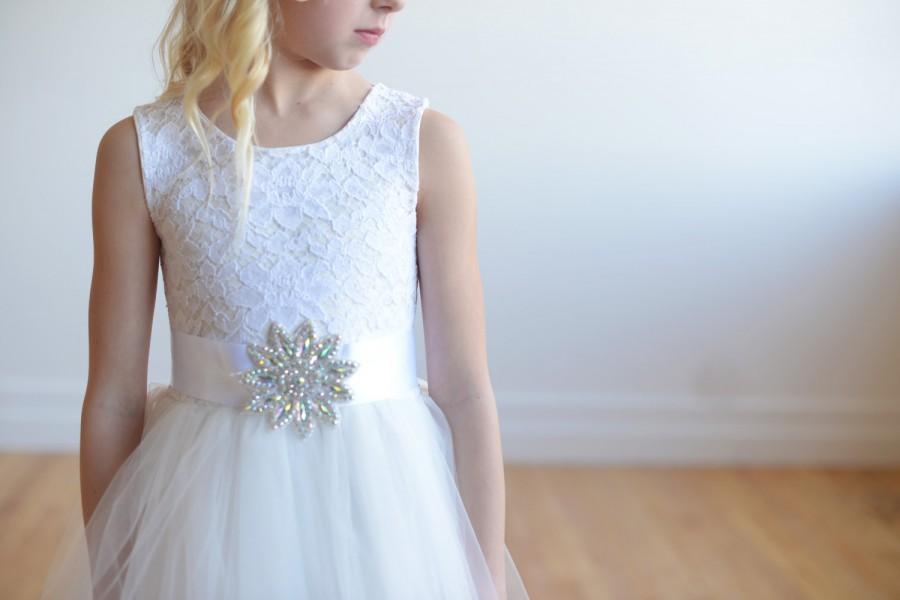 Hochzeit - Diamante Ivory lace flower girl dress, lace first communion dress in white or ivory with custom sash