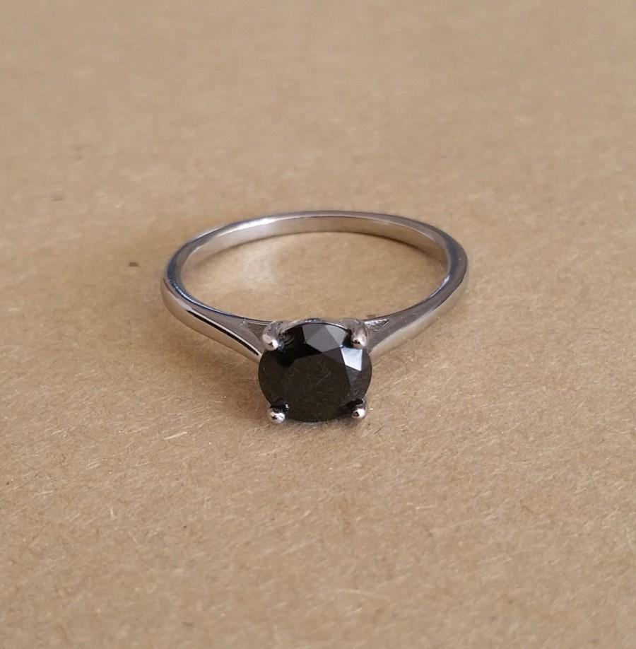Mariage - Solitaire 1.5ct Genuine Black Diamond ring in Titanium or White gold - handmade engagement ring -