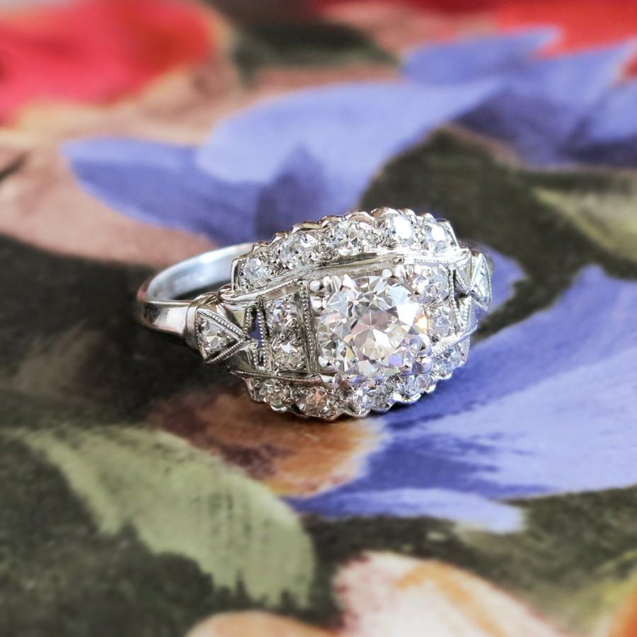 Hochzeit - Art Deco Engagement Ring Vintage 1930's Old European Cut Diamond Engagement Wedding Anniversary Ring Platinum