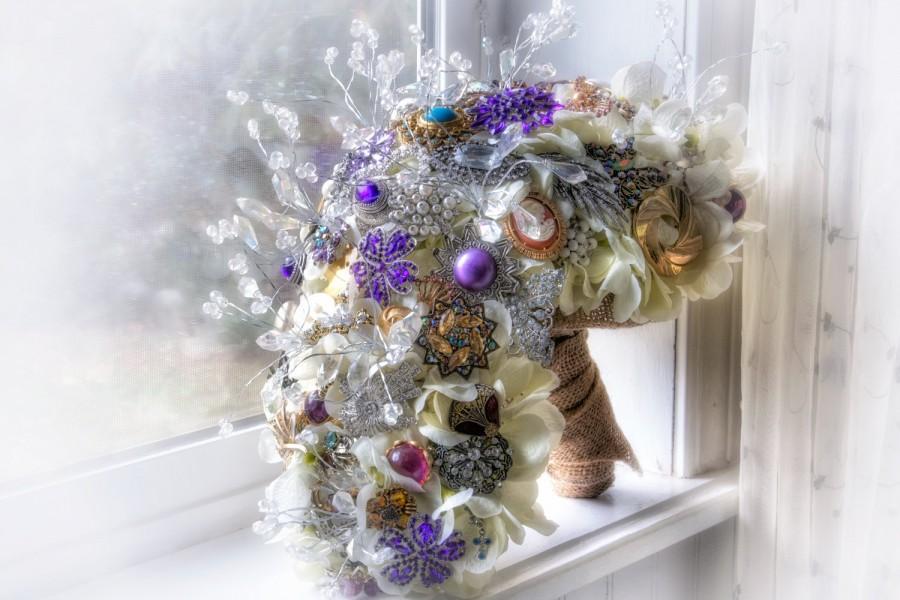 Hochzeit - Cascading  Brooch Bouquet Vintage wedding bling rhinestone bouquet bridal rustic bouquet