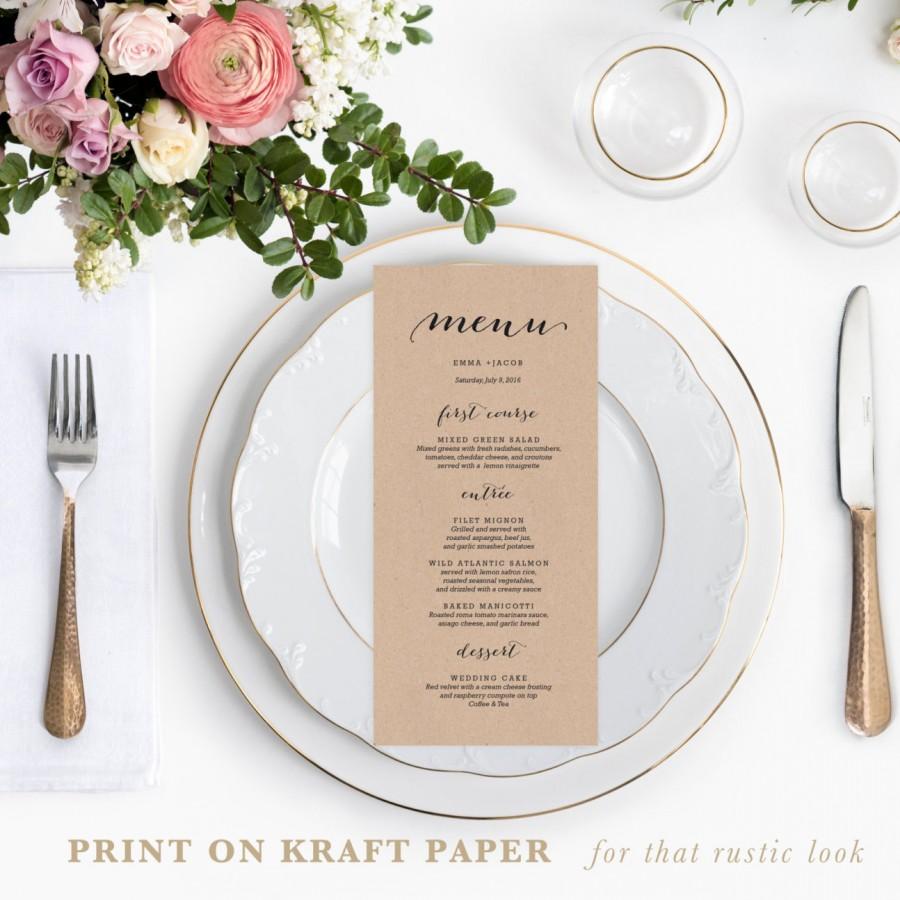 Wedding - Rustic Printable Wedding Menu Template, 4x9 Wedding Menu Cards, Editable Text, Calligraphy Menu Cards, DIY Wedding Templates, 002