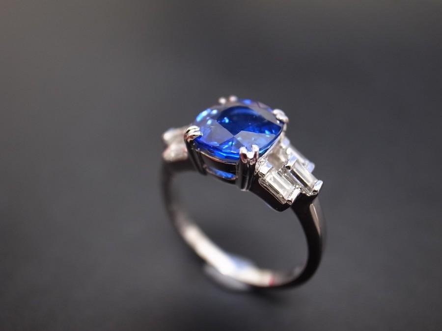 زفاف - Cushion Cut Blue Sapphire and Baguettes Cut Diamond Engagement Wedding Ring Band Women Jewelry Rings Gift Custom Jewellery in 14K White Gold
