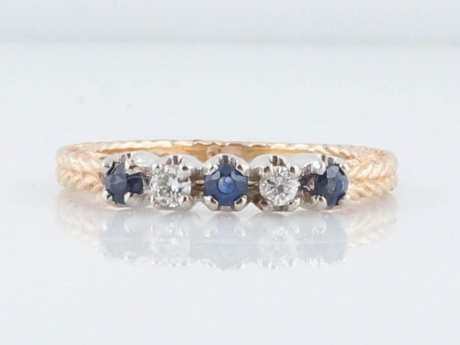 Wedding - Wedding Band Modern Antique Style Five Stone Diamond and Sapphire in 14k Yellow Gold