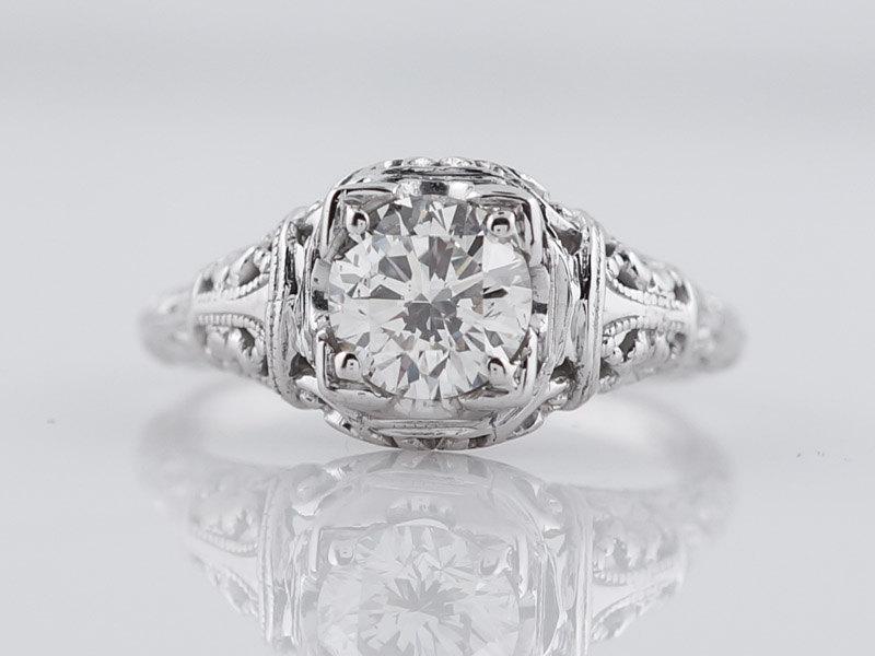 Hochzeit - Antique Engagement Ring Art Deco .80ct Round Brilliant Cut Diamond in 18k White Gold