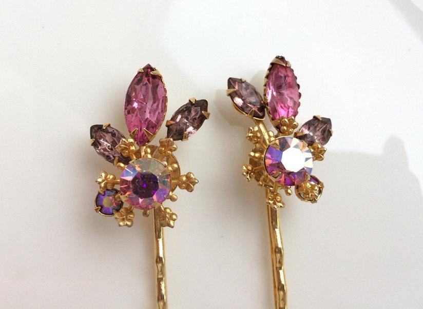 2 x Purple Orchid Flower Hair Grips Clips Bridesmaid Bobby Pins Slides 50s 2125