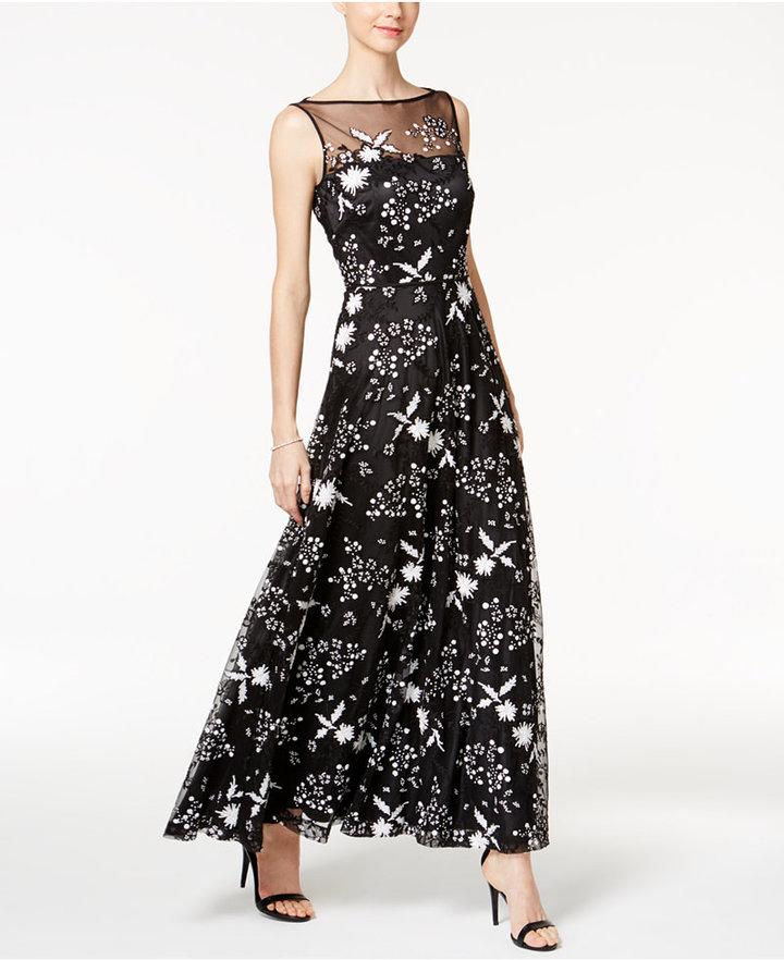 Mariage - Tahari ASL Sequined Flower Illusion Gown