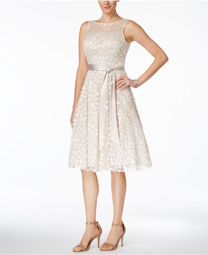 Hochzeit - Jessica Howard Illusion Floral-Applique Fit & Flare Dress