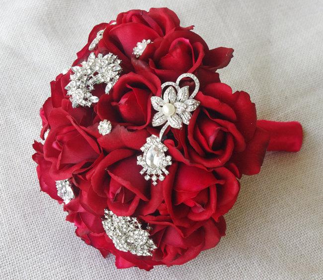 Свадьба - Red Silk Brooch Wedding Bouquet - Natural Touch Roses and Brooch Christmas Jewel Bride Bouquet - Rhinestones