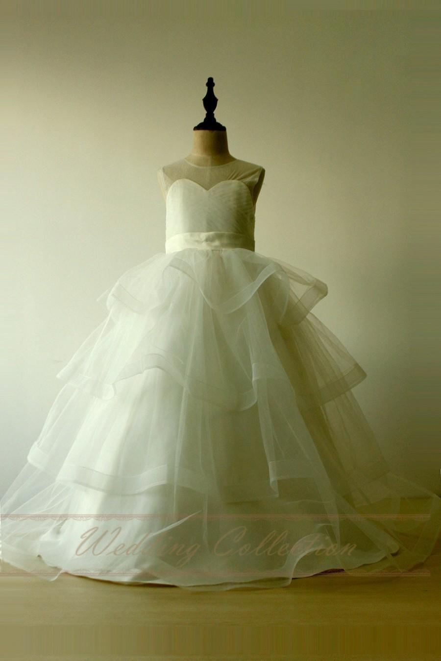 Mariage - Layered Tulle Simple A Line Princess Flower Girl Dress Full Length