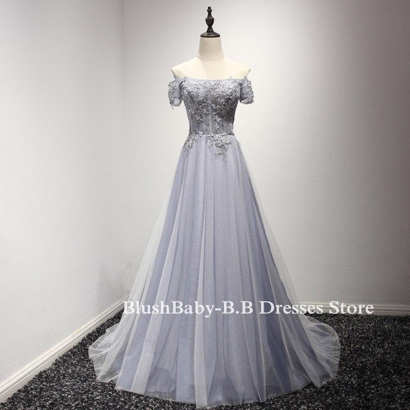 Mariage - Blue Gary Prom Dress 2017 Hand Made Off Shoulder Short Sleeve Women Formal Evening Dress with Train Prom Party Dress Lace Bead Dress Custom