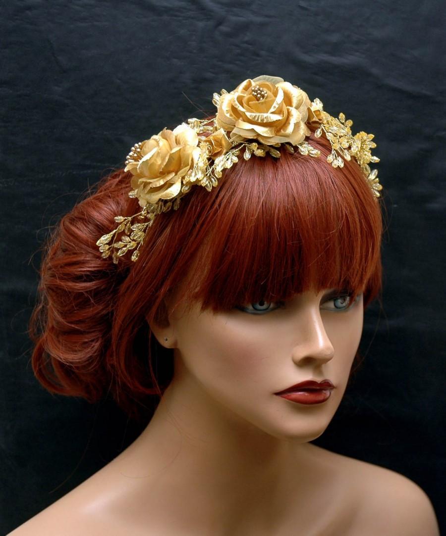 Wedding - Rustic Gold Bohemian Hair Vine, Flower Gold Tiara, Bridal Flower Crown Headband, Gold Headpiece, Wedding Hair Accessory, OOAK, Beach Wedding - $75.00 USD