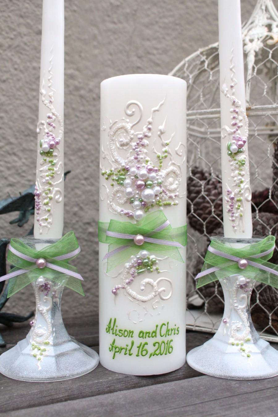 Hochzeit - Beautiful wedding unity candle set in lavender and green, perfect set for your unity ceremony, wedding candle set for your reception