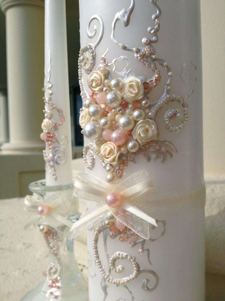 Wedding - Beautiful wedding unity candle set in ivory and blush pink, perfect set for your unity ceremony