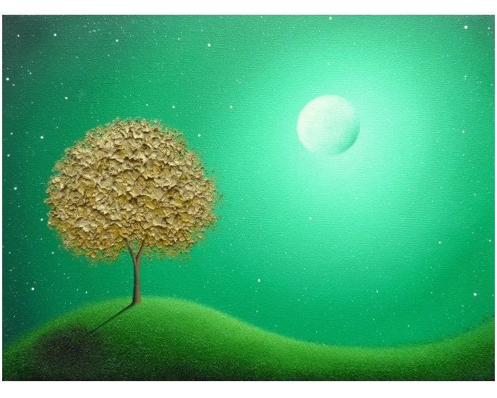 Mariage - Gold Tree Oil Painting, Modern Abstract Landscape, Green Night, ORIGINAL Tree Painting, Textured Contemporary Art, Whimsical Moon Art, 12x16