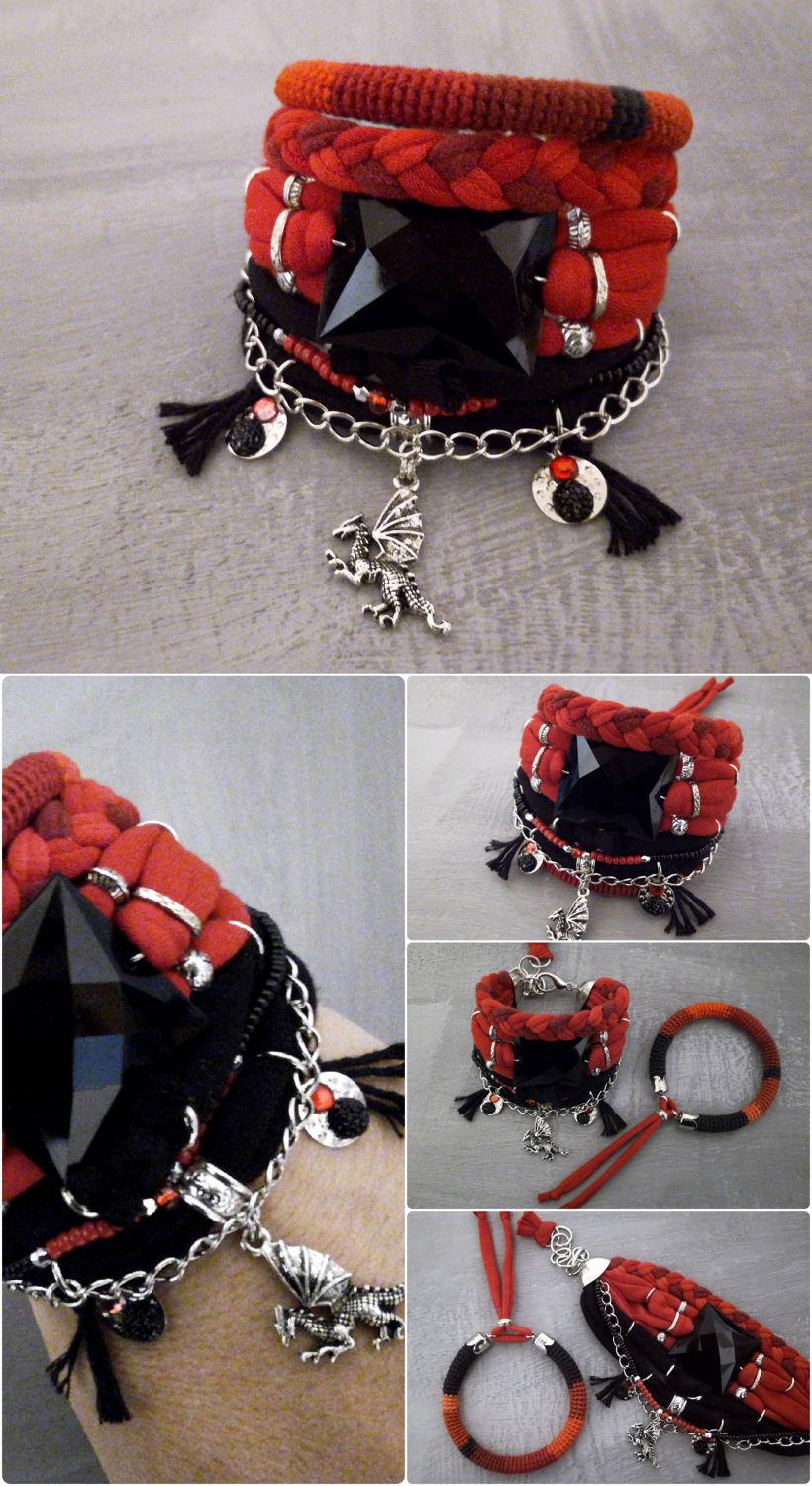 زفاف - Carmen Boho Bracelet Set, Red Black Bohemian Bracelet, Hippie Bracelet Dragon Charm, Hot Gypsy Jewelry Fiesta Bracelet