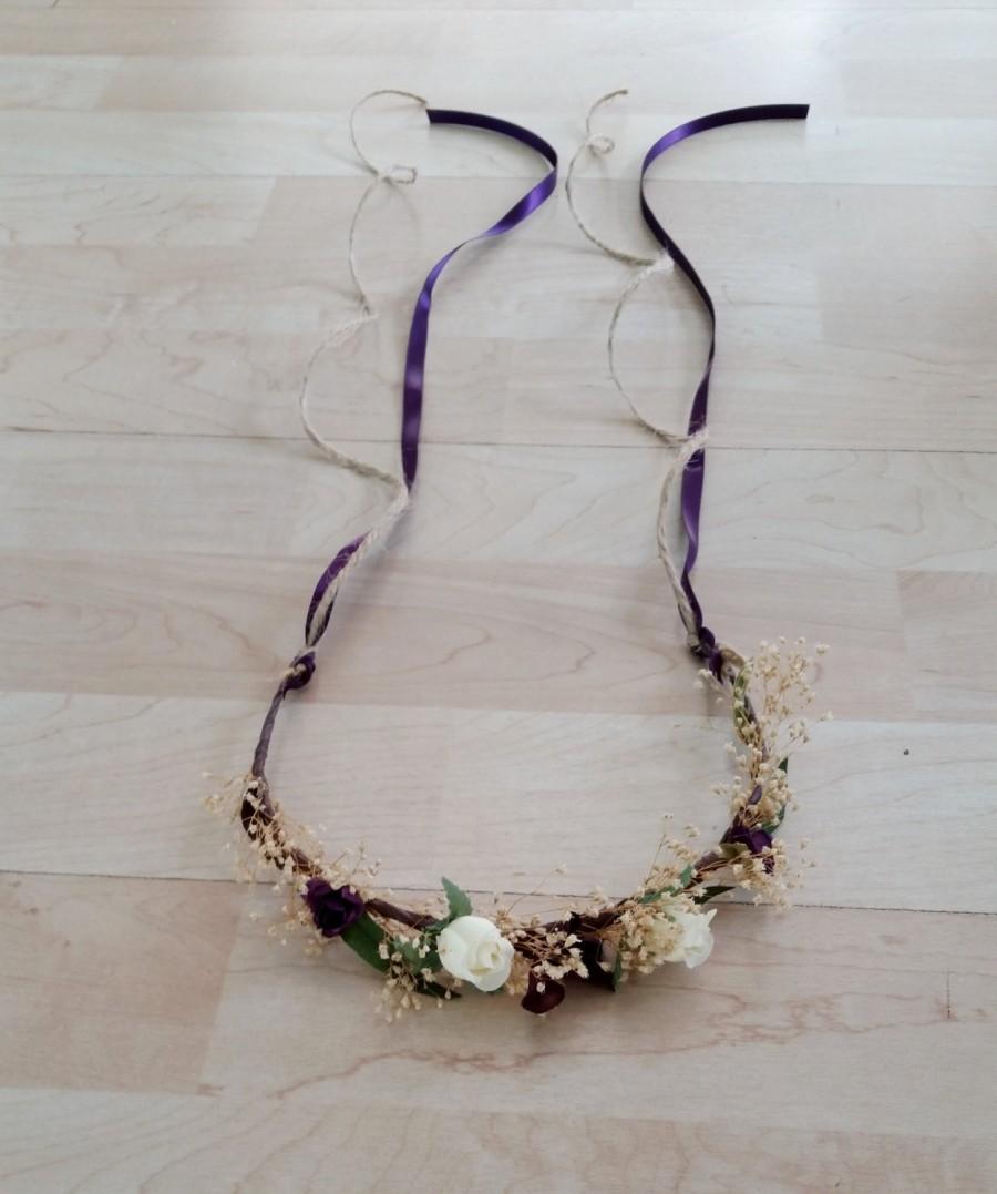 Свадьба - Toddler halo dried flower headband style hair wreath mini flower crown plum purple Woodland Rustic chic wedding bridal girl accessories