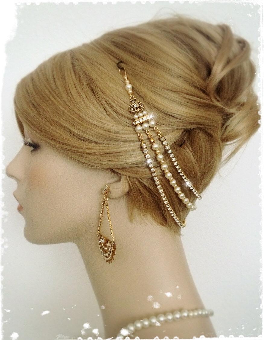 زفاف - Gatsby Inspired Gold Hair Drape Headpiece-1920s Art Deco Wedding Headband-Boho Bridal Crystal Pearl Hair Wrap-Flapper Head Chain-"CHIARA"