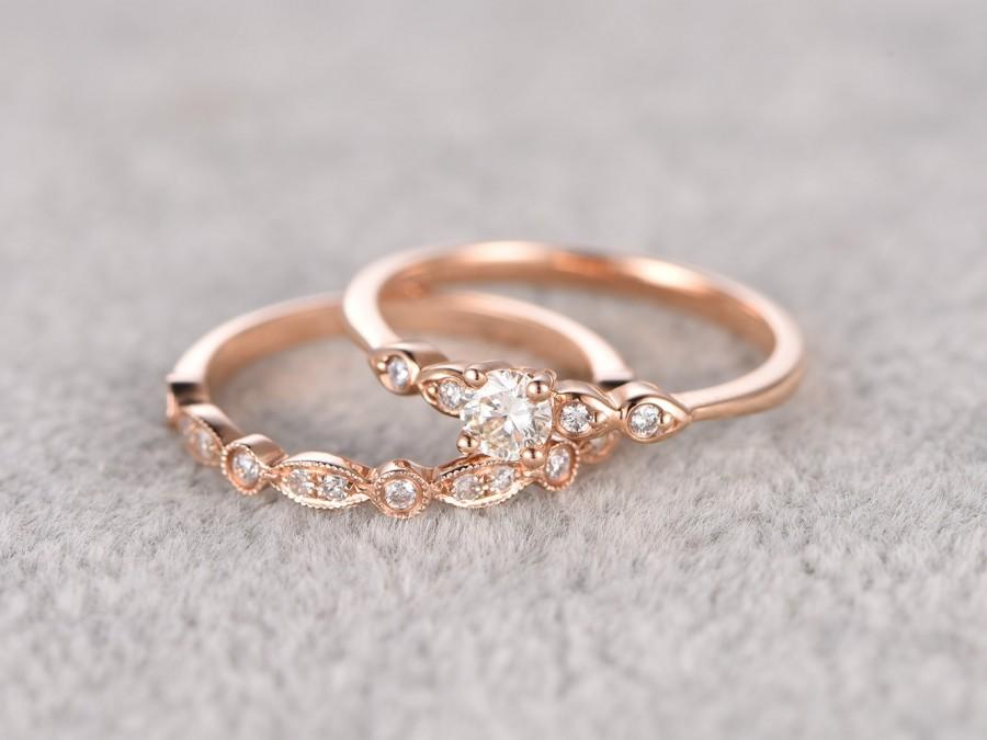 زفاف - 2pcs Moissanite Bridal Set,Engagement ring Rose gold,Half eternity Diamond wedding band,5mm Round stone Promise Ring,Art Deco Inifinity ring