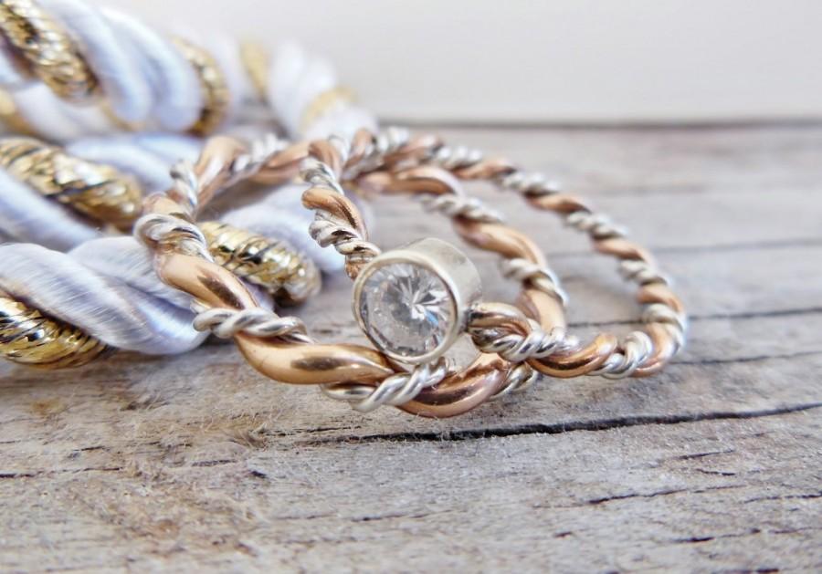 Wedding - CZ Engagement Ring, Cubic Zirconia, Bridal Jewelry Set, Silver and Gold Ring, Braided Wedding Band