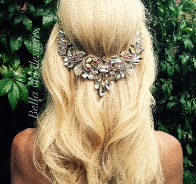 Свадьба - Gold Wedding hair jewelry, Hair chain accessory, bridal hair chain, AB clear crystal jewels and gold chain, Boho wedding head piece. Beach