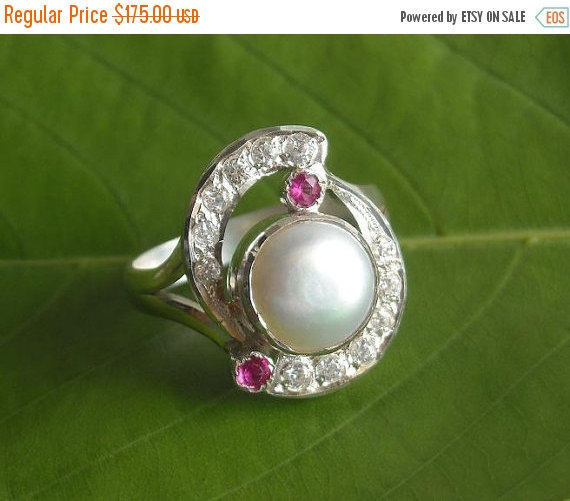 زفاف - Pearl ring - Cz ring - Wedding ring - Anniversary ring - Engagement ring - Sterling silver - June birthstone - Gift for her