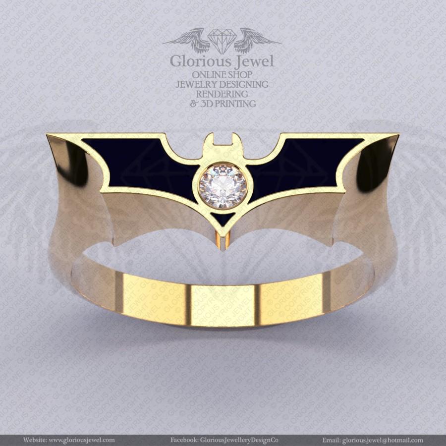 Wedding - Glorious Batman inspired ring with CZ stone and Enamel / 925 silver / 14K Gold / Custom made / FREE SHIPPING / Made to Order
