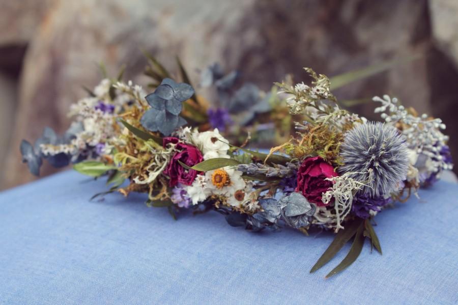 زفاف - custom bridal crown, dried flower crown, woodland flower crown, lavender bridal crown, eucalyptus crown, greenery crown, light blue crown