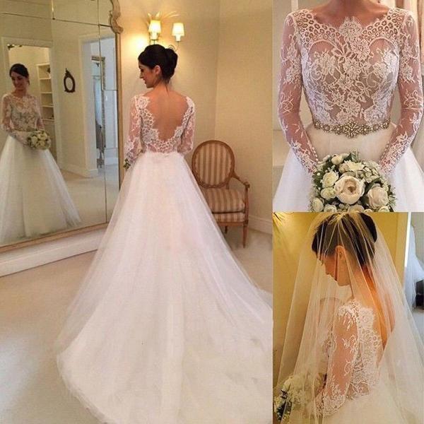 Hochzeit - A-line Long Sleeves Beading Lace Court Train Wedding Dress WD061