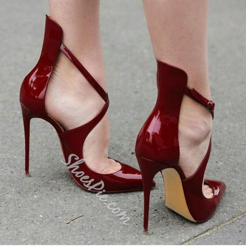 Mariage - Shoespie Burgundy Cross Wrap Pointed Toe Stiletto Heel Court Shoes