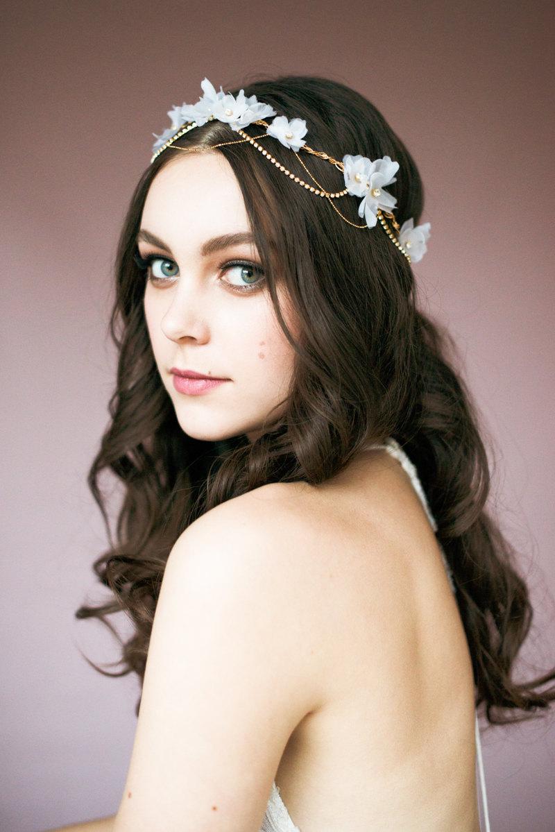 Mariage - Gold Hair Chain, Crystal Crown, Floral Halo, Bohemian Headpiece, Flower Circlet, Gold Hair Piece, Gold Floral Halo, Bridal Accessory, JOANNA