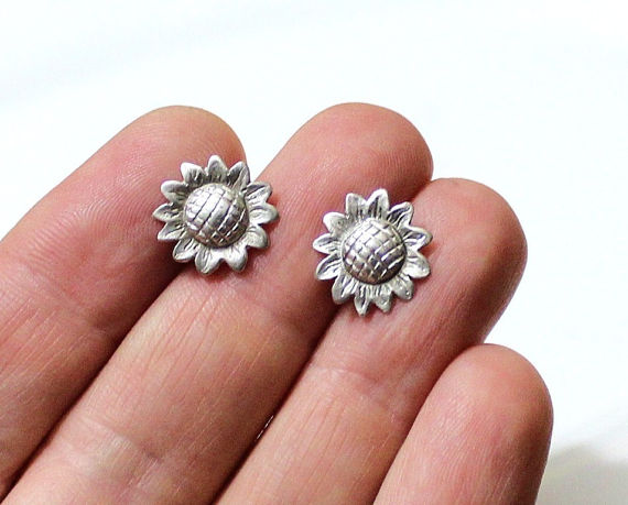 Wedding - Sunflower Stud Earrings, Tiny Flower, Silver Flower Earrings, Sunflower Earrings, Flower Stud Earrings, Silver Earrings, Simple Jewelry Gift