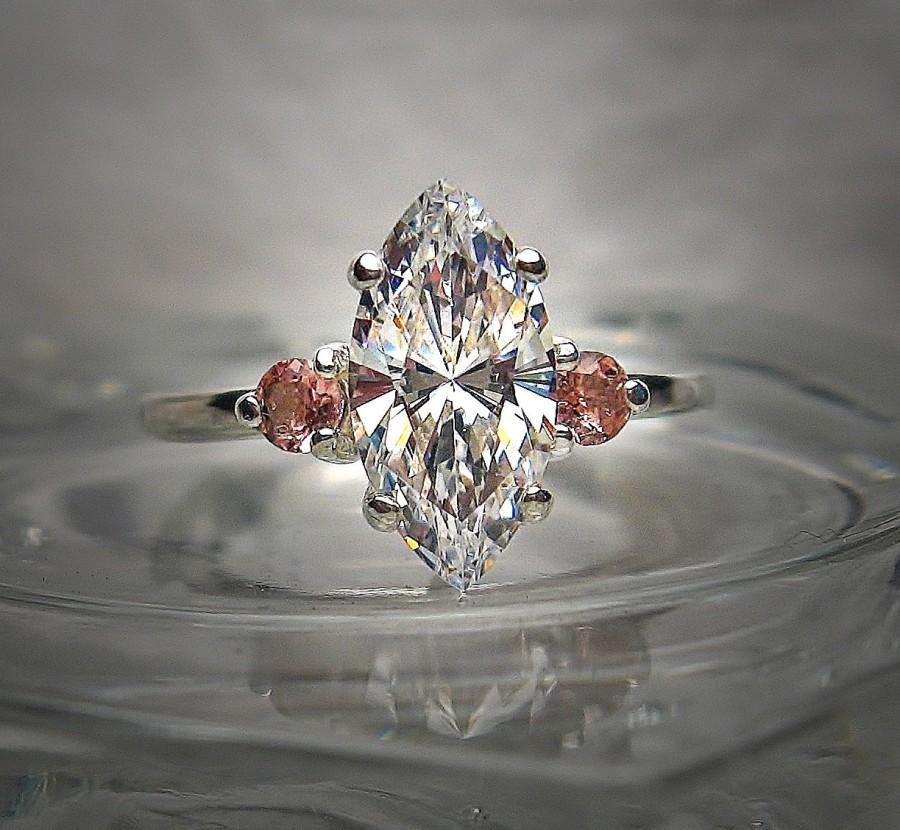 Hochzeit - 35 PER CENT OFF...Marquise Warm Cubic Zirconia and Natural Pink Tourmaline Sterling Silver .925 Ring Size 7