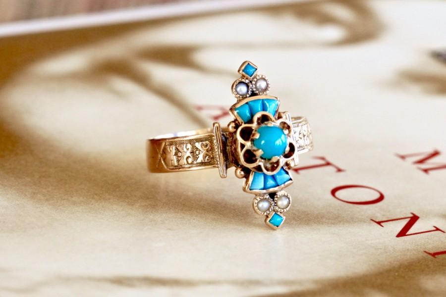 زفاف - Sold--Reserved for S--Antique Etruscan Revival Turquoise Ring, Victorian Persian Turquoise Ring, Vintage 1880s Rose Gold Ring