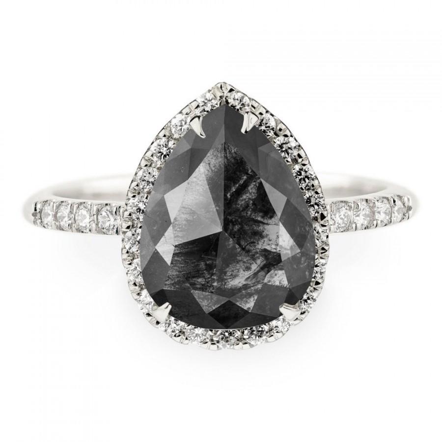 زفاف - 2.36 Carat Black Pear Rose Cut Diamond Engagement Ring, Fiona Setting, Recycled 14k White Gold