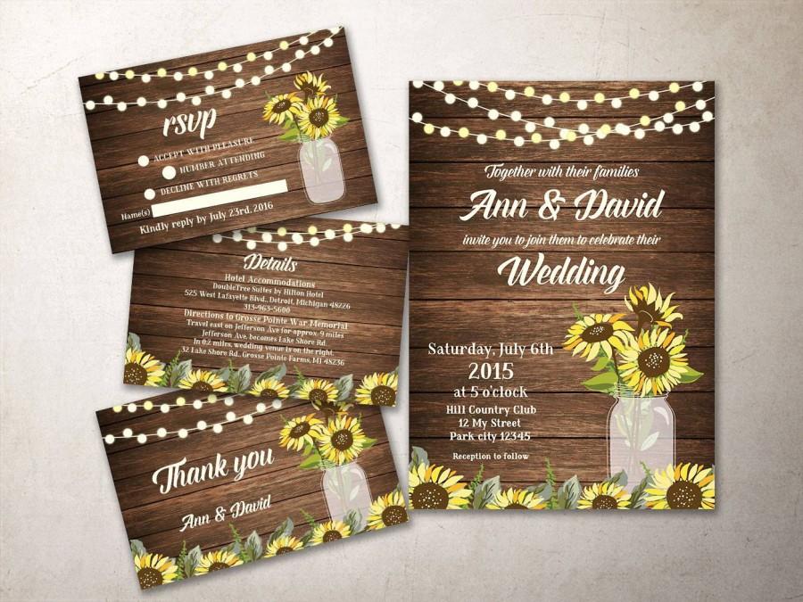 Свадьба - Rustic Wedding Invitation Suite Printable, Sunflower Wedding Invitation Set, Mason Jar Wedding Invitation, Fall Country Wedding invitation