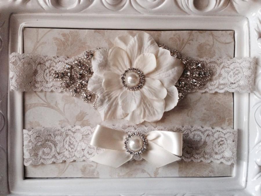 Wedding - Ivory Flower Wedding Garter - Lace Garter Set - Rhinestone Garter - Pearl Garter - Toss Garter - Bridal Garter - Wedding Garter Belt