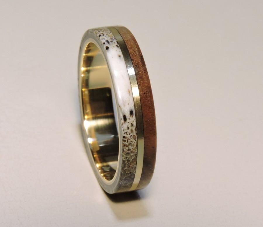 Wedding - Deer Antler Ring, Wood Ring, Walnut Wood,Bronze Ring, Bronze pinstripe inlay.