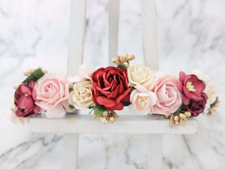 Свадьба - Blush ivory burgundy deep red wedding flower crown - fall head wreath - bridesmaid hair accessories - flower girls - garland